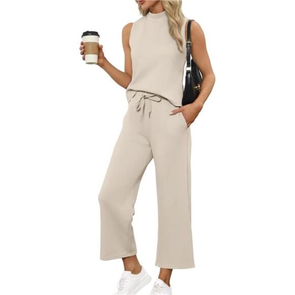 Women's 2-Piece Summer Set - Mock Neck‎ Top & Wide-Leg Crop Pants Lounge Outfit - Picture 1 of 7